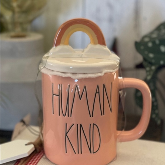 2- Rae Dunn ceramic oversized lidded boho rainbow HUMAN KIND coffee mug SET of 2 - Picture 4 of 4